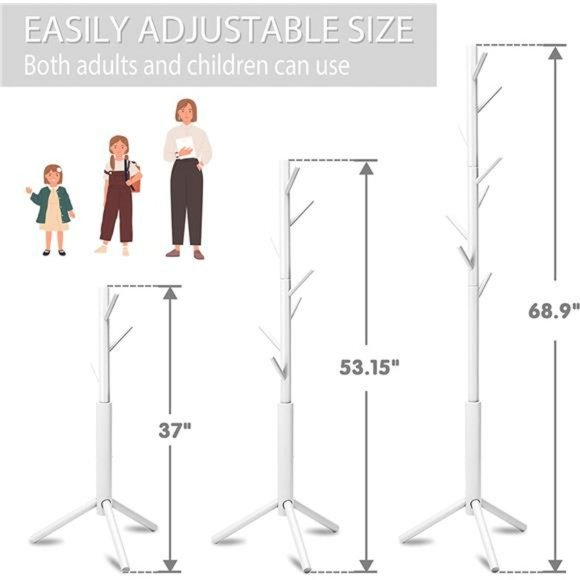 Coat Rack Freestanding with 8 Hooks 3 Adjustable Height Coat Racks Stand, White - Picture 3 of 6